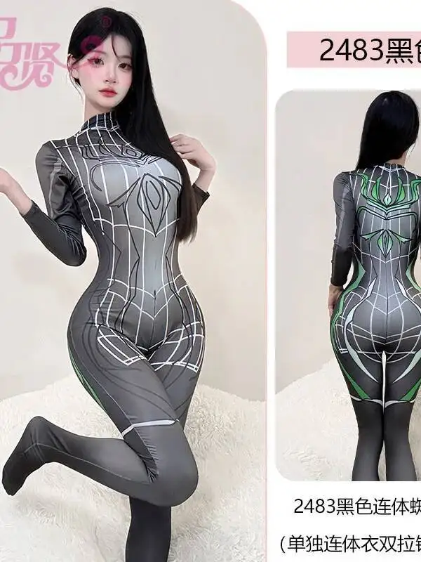 Sexy sexy aberto virilha calças de macacão feminino manga comprida anime aranha impresso puro desejo boate estilo macacão calças 5pjn