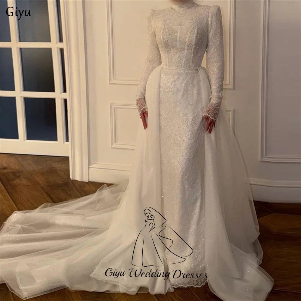 Giyu Gorgeous Shining Lace Bridal Gown For Women Saudi Arabia High Neck Full Sleeves Wedding Dresses For Woman Customized ﻿