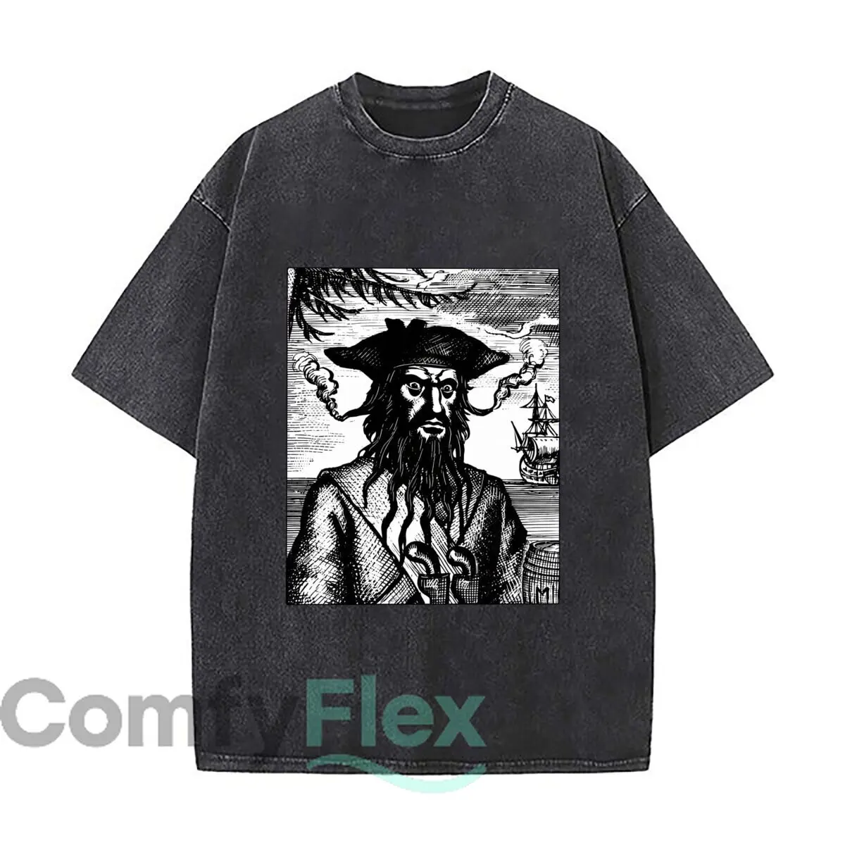 Blackbeard Engraving Portrait Ship Barrel Illustration Washed Distressed Loose Streetwear Tops for City Walks