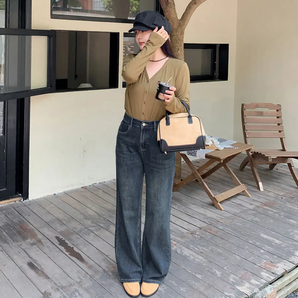 

Женские широкие джинсы больших размеров в стиле ретро с высокой талией, синие свободные утягивающие прямые брюки на осень