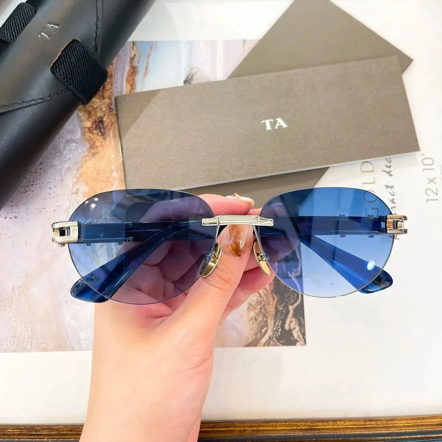 

Original For LIANGCHENDIT DT DTS152 Vintage Luxury Classic Men Sunglasses Boundless Gradient Blue Lenses Women Couple Eyewear