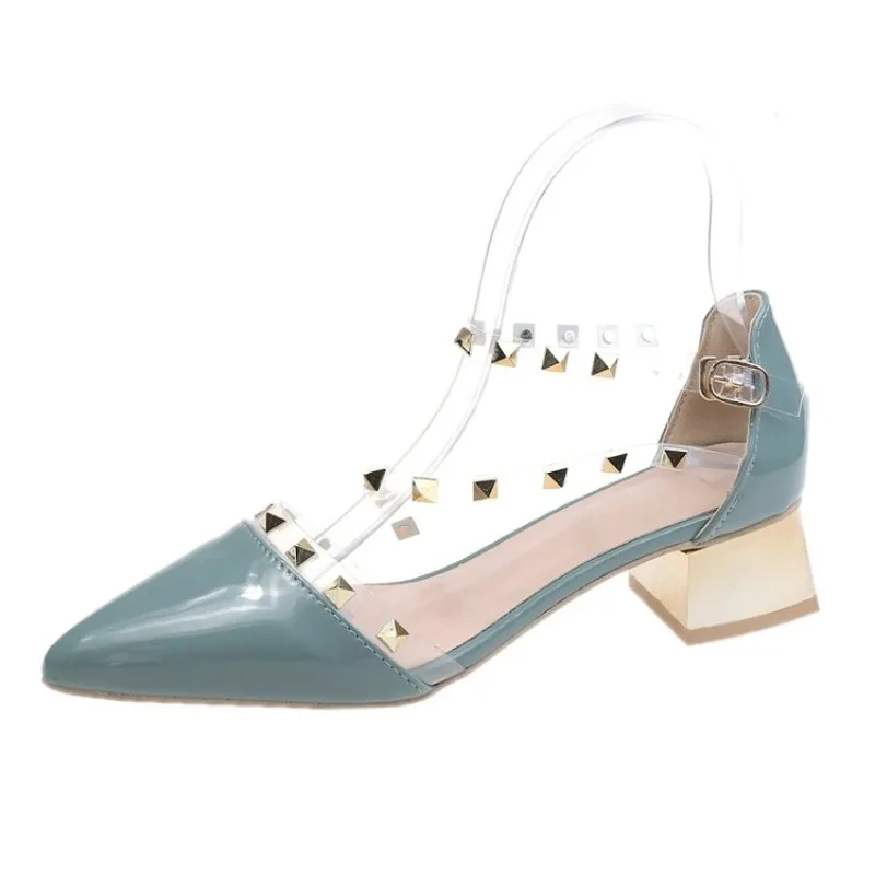 Pointed rivet sandals women\'s spring and summer 2024 new all-match thin transparent one-word buckle belt thick heel square root