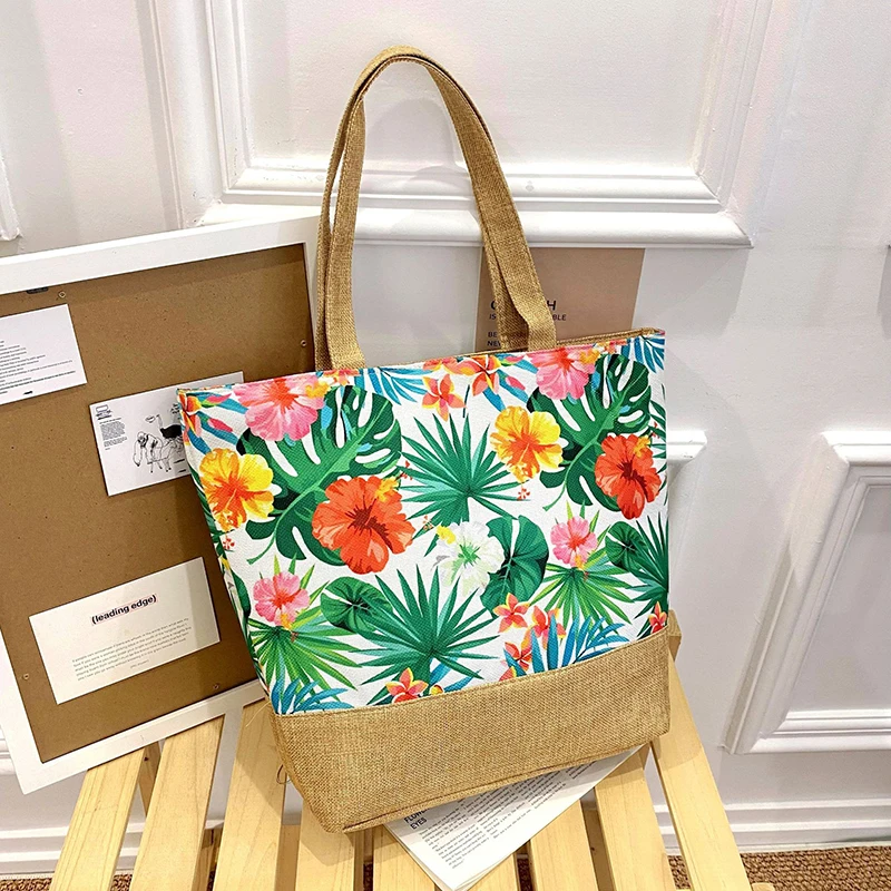 1PCS Fashion Canvas Bag Summer Beach Ladies Floral Printed Shoulder Bag Simple Large Capacity Women Tote Shopping Bag