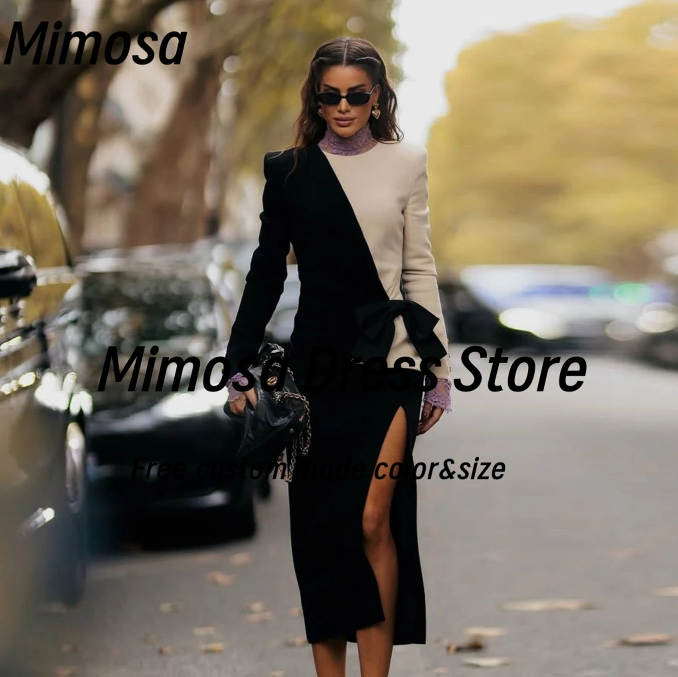 Mimosa O-Collo Abiti da ballo Maniche lunghe Abito da sera in colore a contrasto Spacco laterale Lunghezza tè Abiti da festa formali Personalizzati