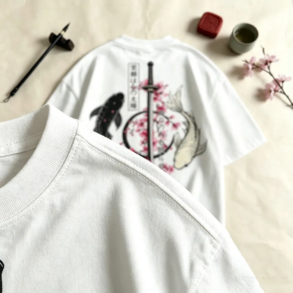 Japanese Style Koi Cherry Blossom Samurai Sword Back Print T‑Shirt, Oriental Art Crew Neck Short Sleeve Tee, Loose Fit Breathable Streetwear Tops streetwear,crew neck,cotton blend,outdoor outing,machine washable