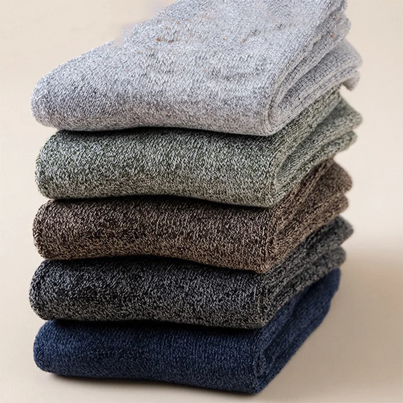 5 Pairs Mens Winter Thermal Mid Calf Socks Thick Terry Towel Socks Fleece Lined Warm Vintage Long Socks For Men Autumn Winter
