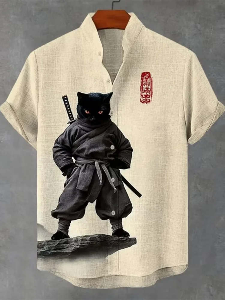 Summer men's shirt short sleeved shirt Japanese samurai black cat printed shirt retro loose casual top comfortable fabric