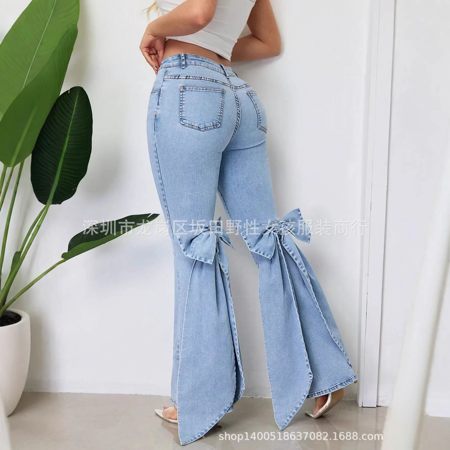 Jeans Women Retro Three-dimensional Bow with Slim Fit and Medium Elasticity Floor Horn Denim Pants