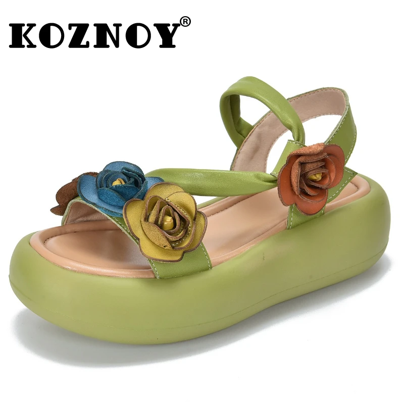 

Koznoy 5.5cm Ethnic Genuine Leather Mary Jane Peep Toe Appliques Flower Ladies Shoes Sandals Summer Platform Wedge Slipper Women