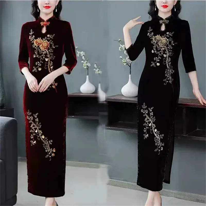

Embroidered Gold Velvet Cheongsam Women Spring Autumn New High-end Temperament Fashionable Wedding Dress Slim Bag Hip Slit Skirt