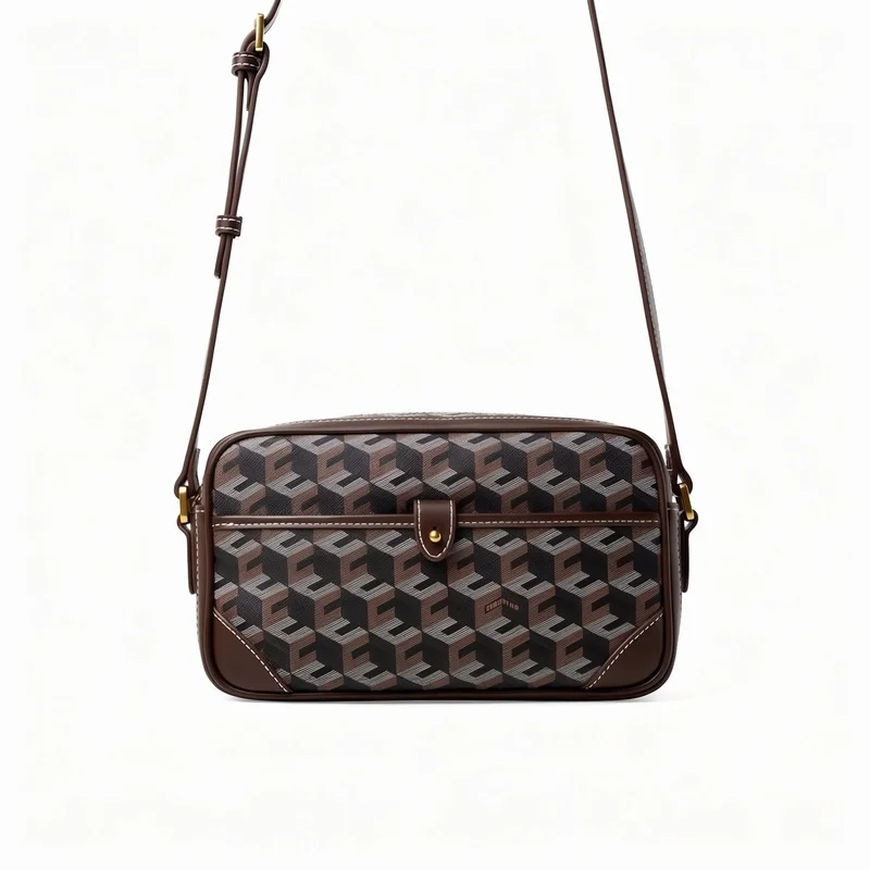 Monogram Camera Bag Small Square Retro Leather Trim Women's Crossbody Purse