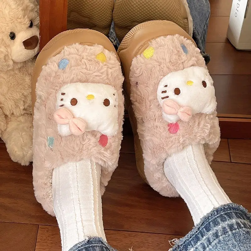 Kawaii مرحبا كيتي الشتاء غامض نعال من القطن فتاة الدوبامين Colorway المنزل الدفء نعل سميك مع بطانة الصوف نعال قماش #3