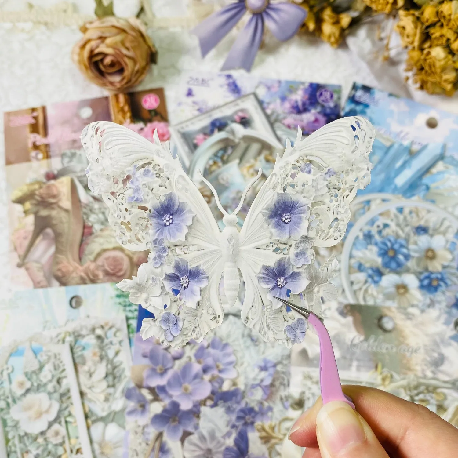 10sheets Bow Butterfly Paper Decorative Stickers Vintage Scrapbook Stickers Hollow Flower Frame Stickers for Notebooks Albums
