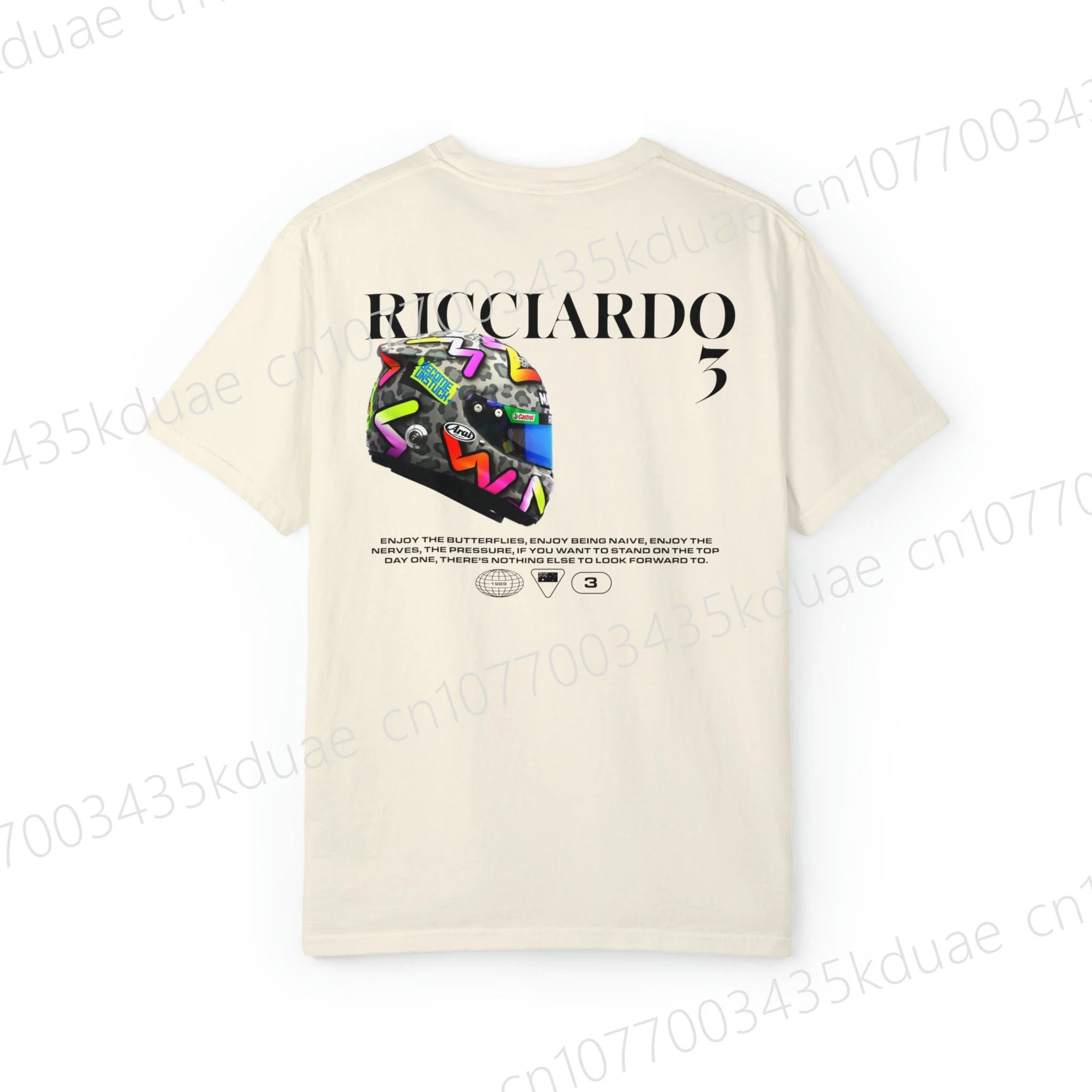 Daniel Ricciardo Capacete 5 Camiseta gráfica para homens Austrália Racing Driver Fãs Presentes Esportes Tops de algodão Tee F1 Roupas de corrida