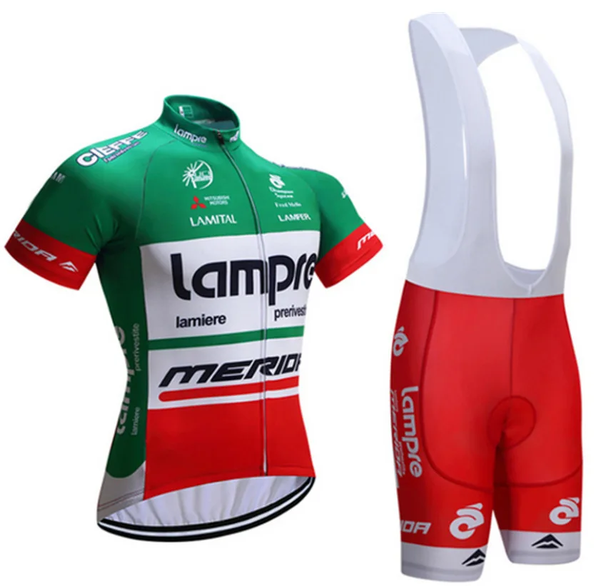 

Комплект велосипедной одежды Lampre: футболка с коротким рукавом и шорты на лямках для мужчин и женщин, летний комплект для велоспорта и активного отдыха