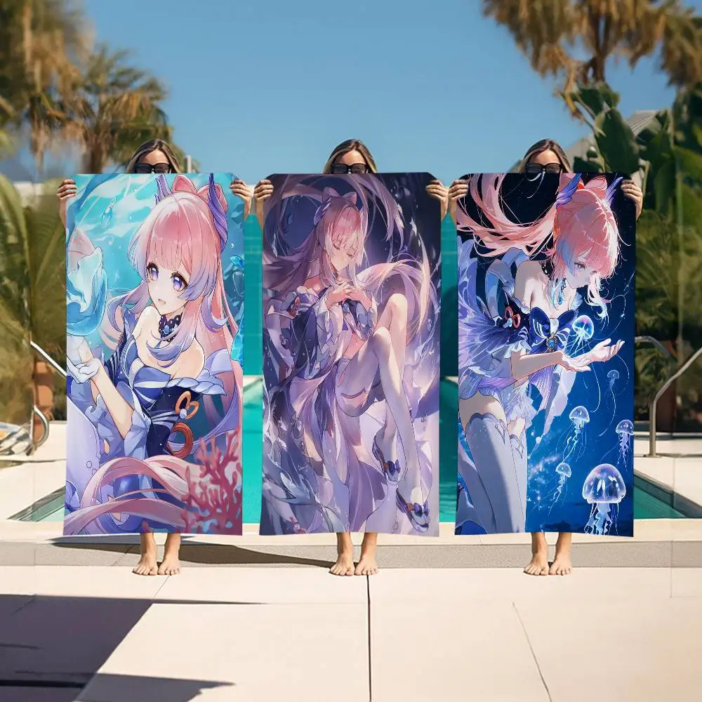 Sangonomiya Kokomi Genshin I-Impact Anime Beach Towel Colorful Bath Towels for Quick Dry Custom Sand Free Beach Yoga Spa Gym