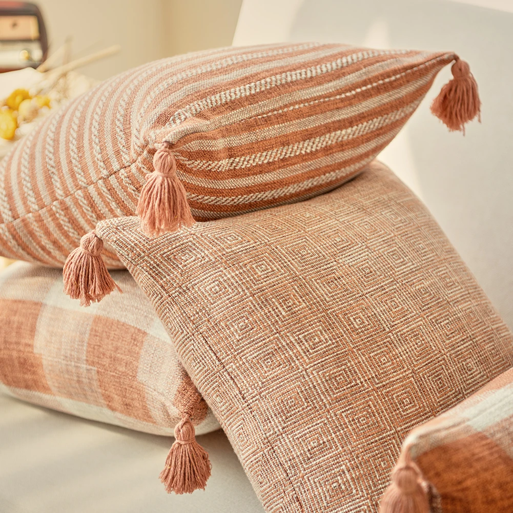 Fodera per cuscino con nappe in lino Federa arancione per soggiorno Letto Sedia Divano Fodere per cuscini decorativi Decorazioni per la casa 45X45