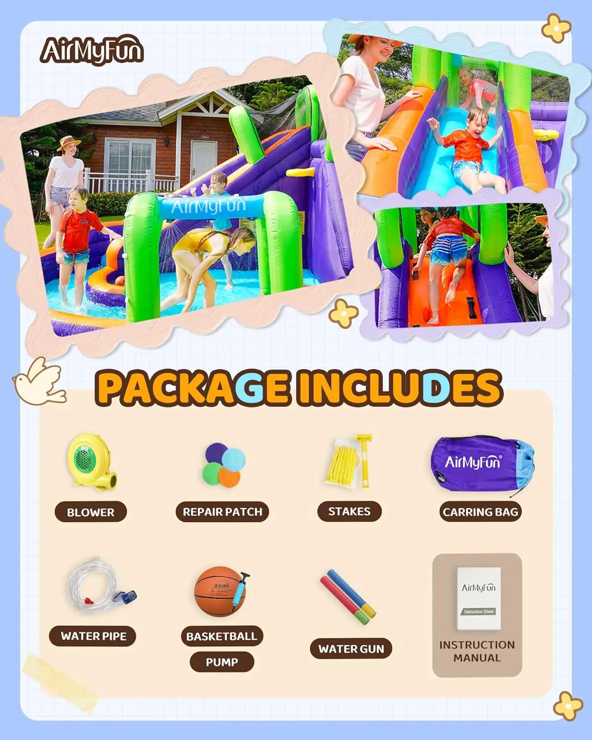 Maison de rebond gonflable à toboggan aquatique pour enfants avec souffleur. Château gonflable d'arrière-cour familial avec tunnel de porte amusant, mur d'escalade, Lo