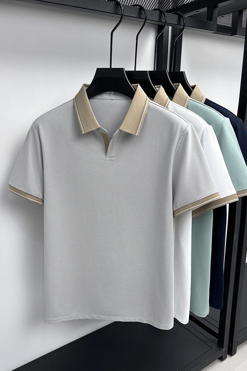 2026 Summer New Style Men's Fashion Collarless Polo Shirt Short Sleeve Top