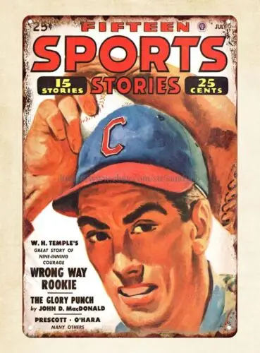 Fifteen Sports Stories magazine cover baseball player 1949 metal tin sign