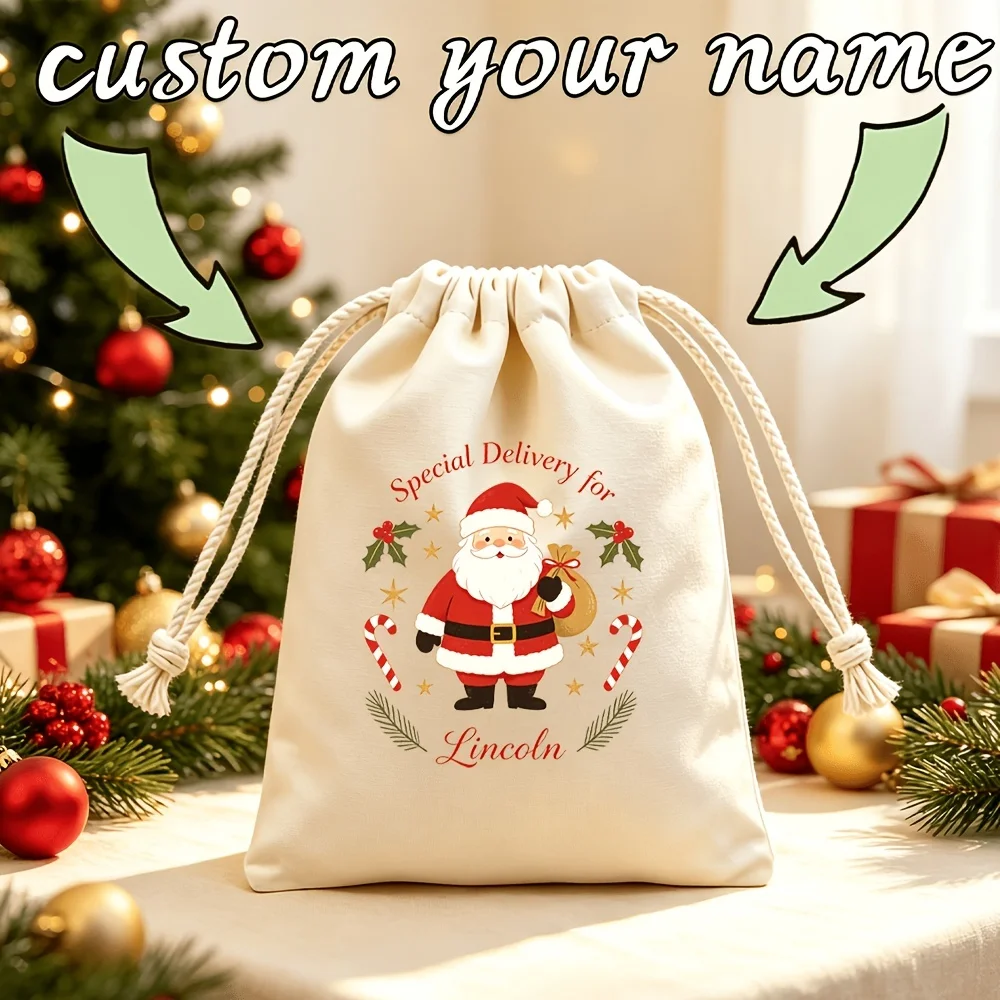 1Pc Christmas Party Drawstring Gift Bags, Custom Santa Bags with Personalized Name/Text, Suitable for Wrapping and Storing Gifts