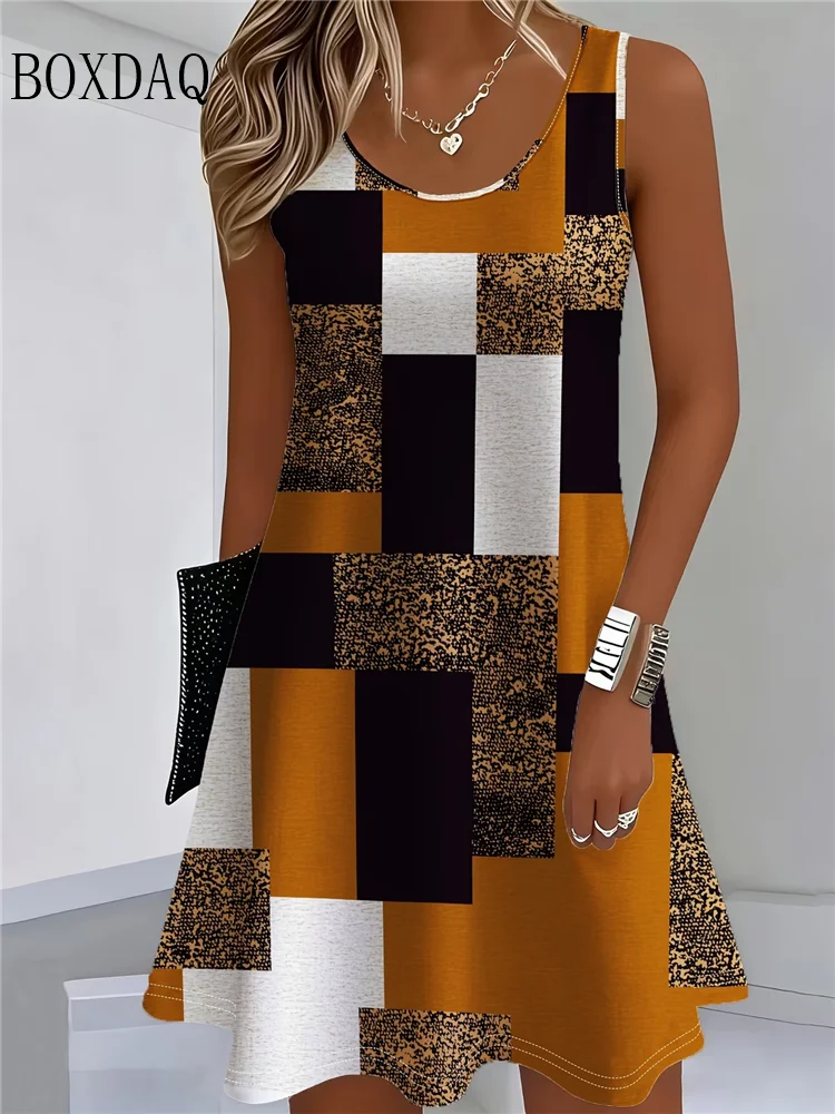 Women's 3D Color Block Plaid Print Dresses Summer Sleeveless Crew Neck Loose Plus Size Dress Casual Retro Geometry Pattern Dress
