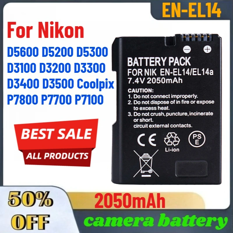 

EN-EL14 7.4V 2050mAh Camera Batteries For Nikon D5600 D5200 D5300 D3100 D3200 D3300 D3400 D3500 Coolpix P7800 P7700 P7100
