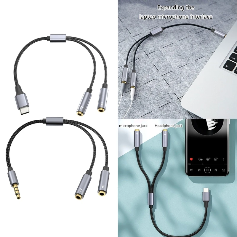 3.5mm/Type C Male To Double 3.5mm Female Headsets Splitter Cable  25cm Headphones &Mic Adapter Cable For Phone Tablets Laptops