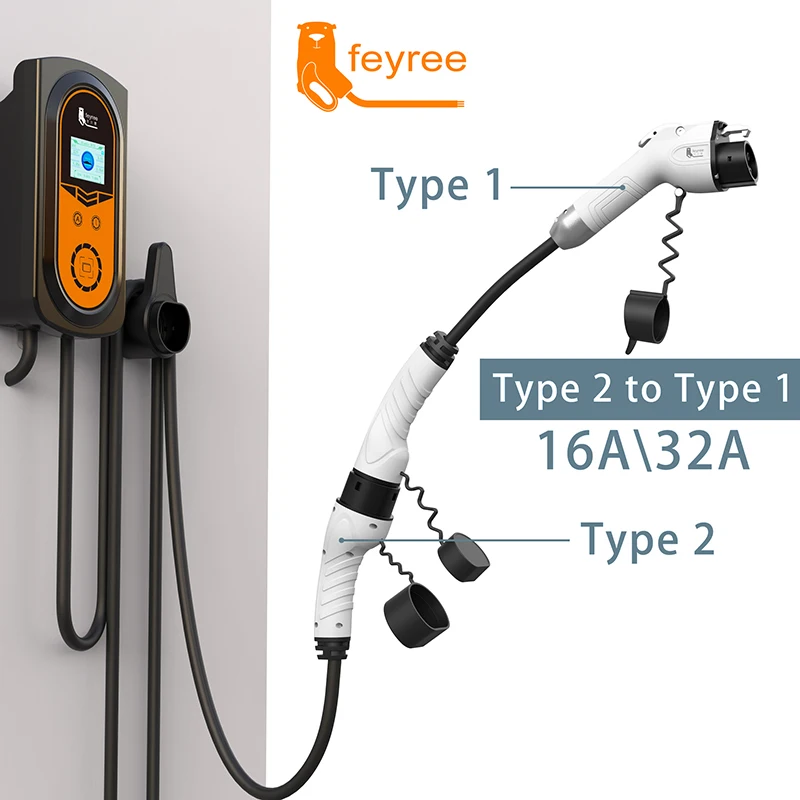 Lado do carro adaptador de carregamento para estação de carregamento, macho Power Supply, elétrico EV Charger Plug, Tipo 2 para J1772, Tipo 1, 16A,