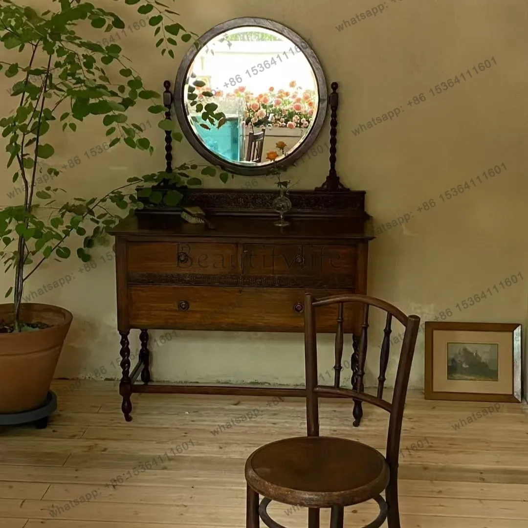 American solid wood dressing table with mirror, French antique distressed storage desk integrated