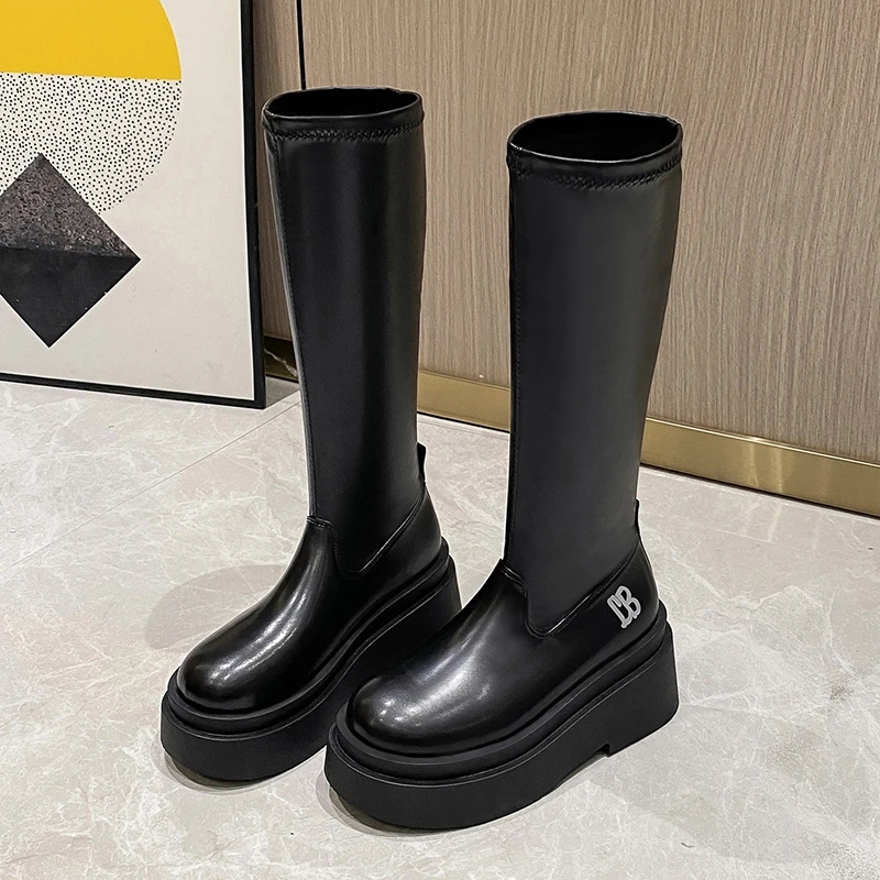 Kobiety Wysokie buty Moda Kobieta Okrągły palec Zamek błyskawiczny PU Skórzane buty do kolan Kobiety Chunky Platforma Długie buty Solid Retro Botas