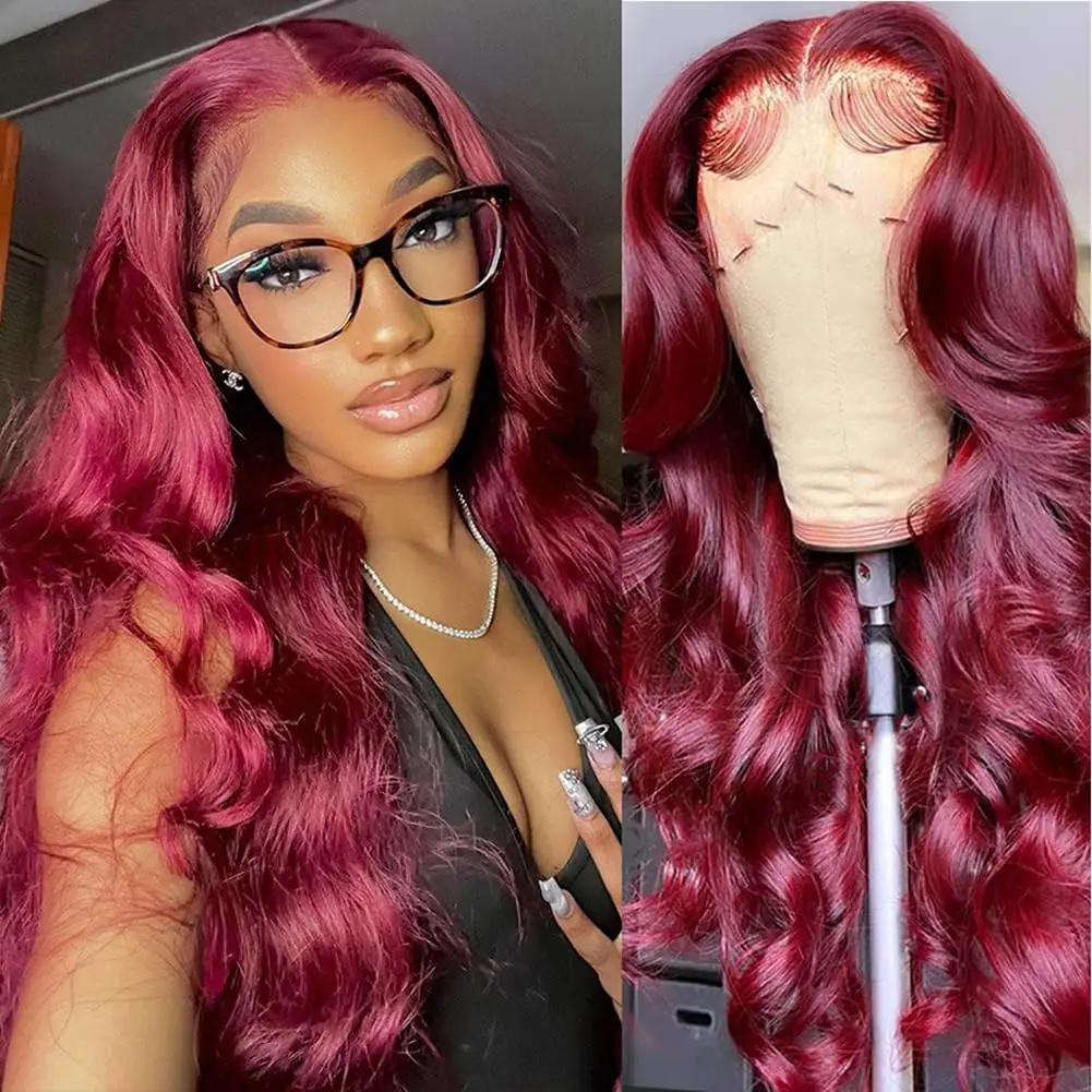 Wig rambut manusia Frontal renda transparan 13x4 13x6 HD gelombang tubuh 99J Burgundy wig rambut Brasil berwarna merah untuk wanita