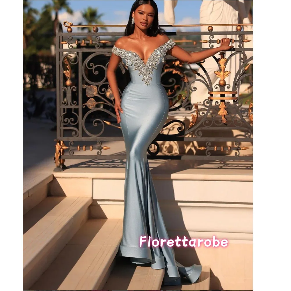 

Dusty Blue Mermaid Prom Dress for Women V-Neck Off the Shoulder Rhinestones Formal Party Pageant Gown Evening Dress Customized