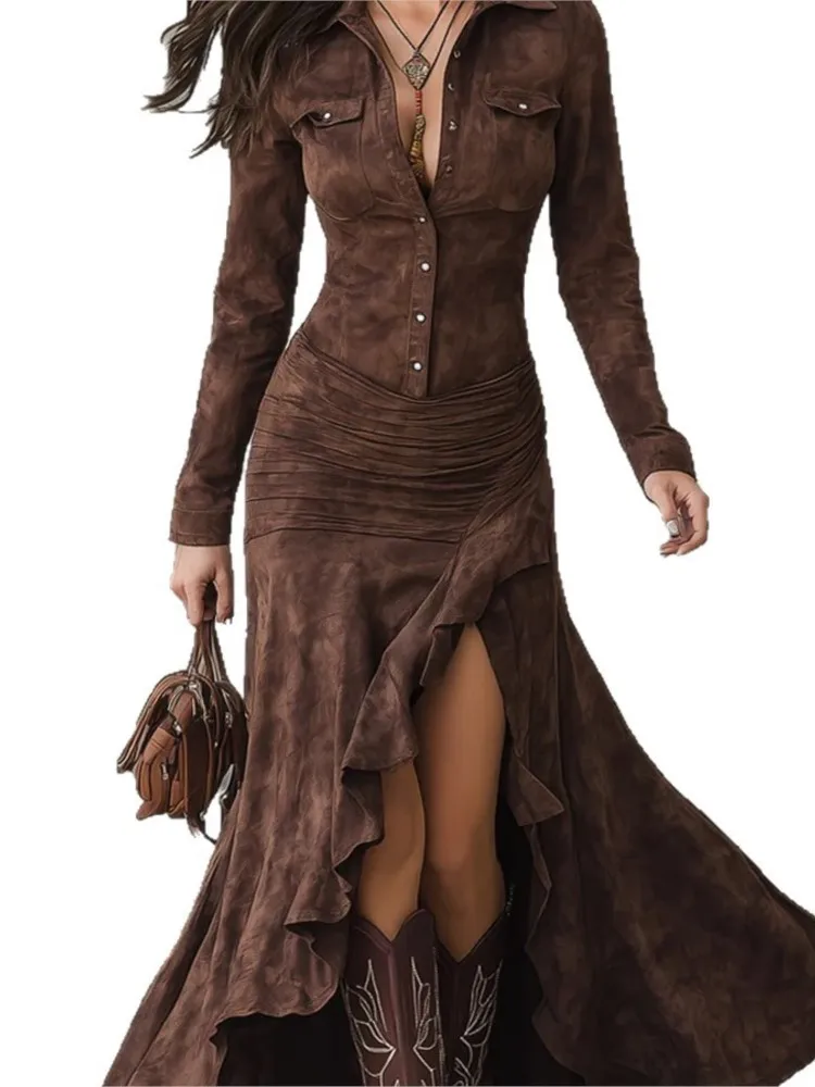 Abito aderente solido per donna Primavera Autunno Moda Colletto ribaltabile Maniche lunghe Orlo a fessura Gonna a coda di pesce Abiti eleganti da donna