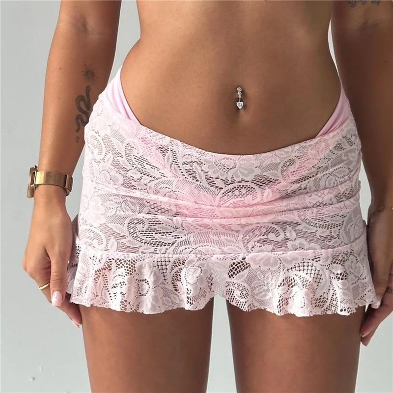 Women's Lace Mini Skirts Casual Low Waist Solid Color Floral See Through Ruffle Skirts Bikini Coverup Skirts Beach