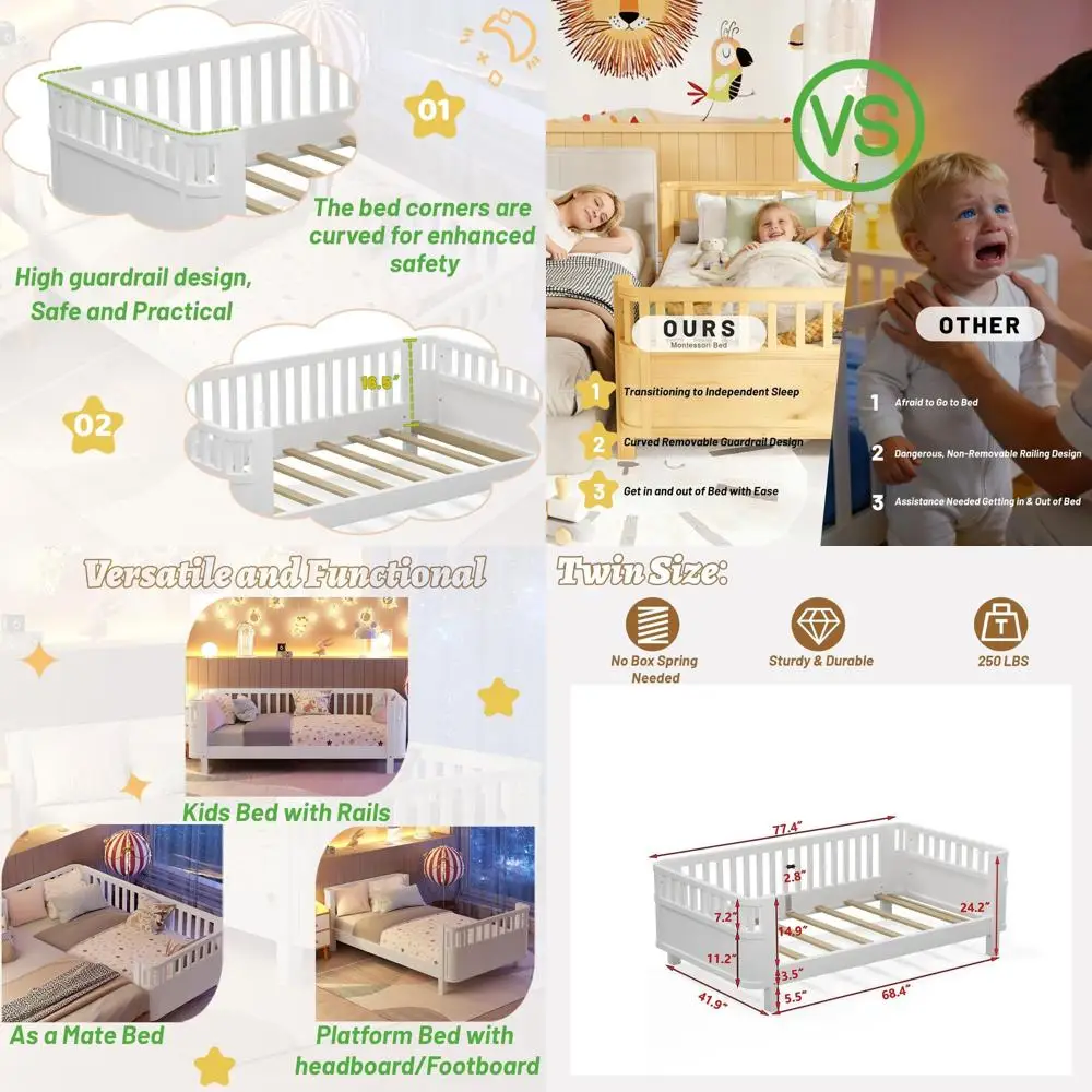 

Twin Size Children's Bed, Low Profile with Rails, Wooden Daybed for Boys & Girls, No Spring Box, No Squeaks, White
