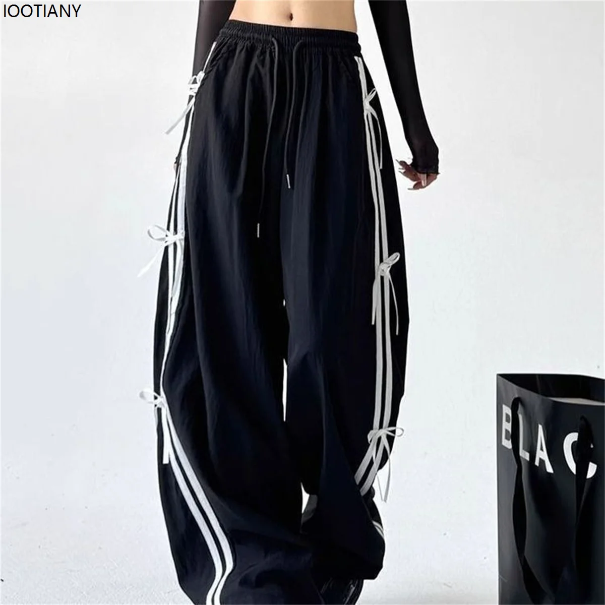 Retro Side Stripe Bowknot Wide Leg Pant Women's High Waist Thin Casual Sports Pants Harajuku Overalls Street Hip Hop Jogging Pan