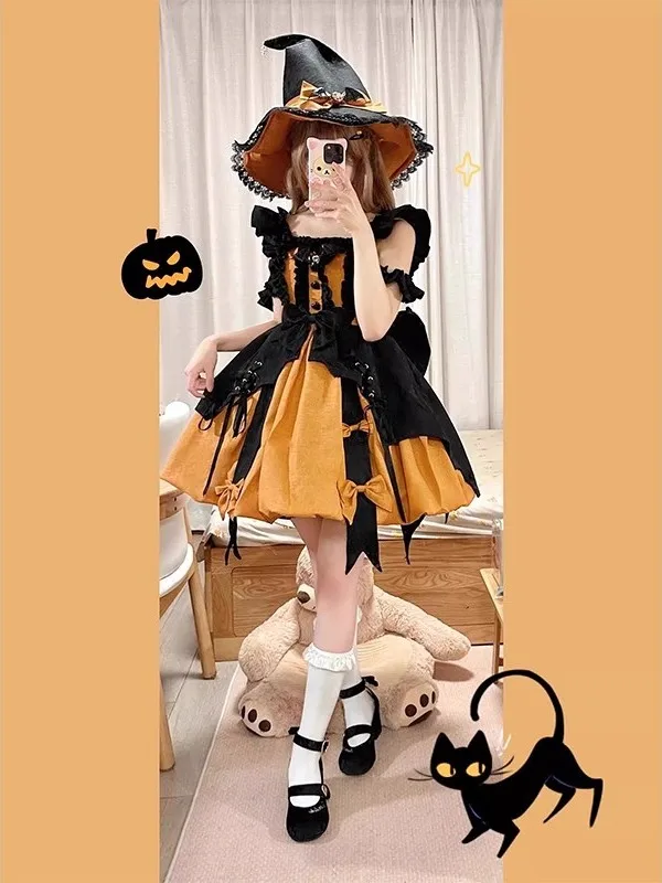 

loween Pumpkin Color Lolita Dr JSK Cute Puffy Skirt Cosplay Little Witch Costume Autumn 2025 Ladies Hanfu Set