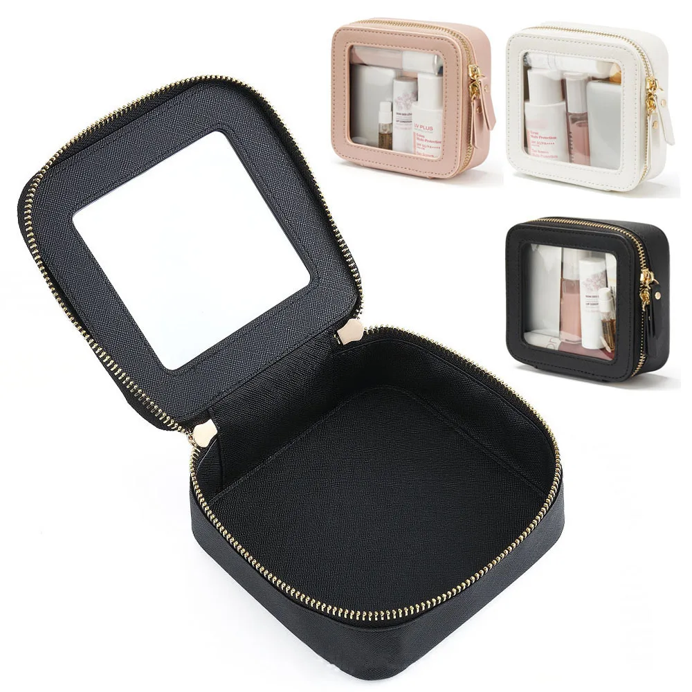 Portable Transparent Zippers Makeup Bag PU Waterproof Square Cosmetics Pouch Women Face Washing Bag Travel Toiletry Bag Pouch