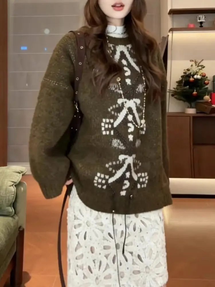 

Retro Faion Set Women's High-End round Ne Top f-Skirt Beautiful Two-Piece Spring Trendy Korean Sle Long Sve Knitwear