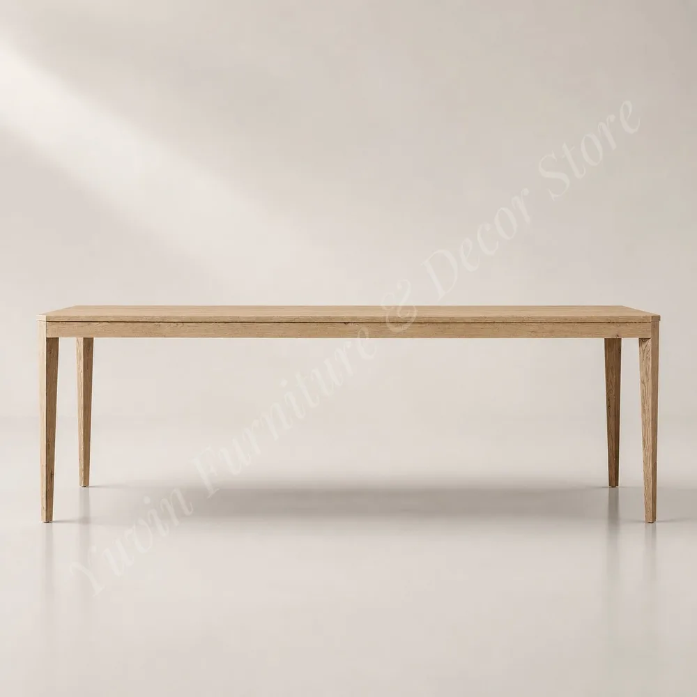 Contemporary Oak Round Dining Set with Sculptural Square Base and Camel Leather Side Chairs for Villa and Hotel Spaces