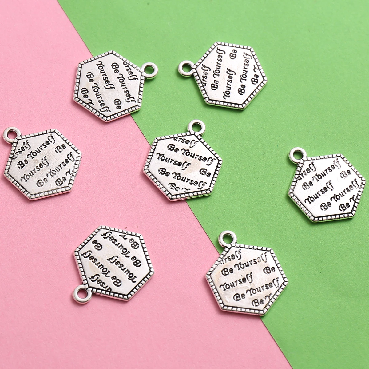 10-Piece Set of Single-Hanging Hexagonal Text Pendants, Lace-Edged Hexagonal Inspirational English Lettering Design, Suitable for DIY Bracelets, Earrings, Necklaces, Simple and Artistic Handmade Beading Accessories