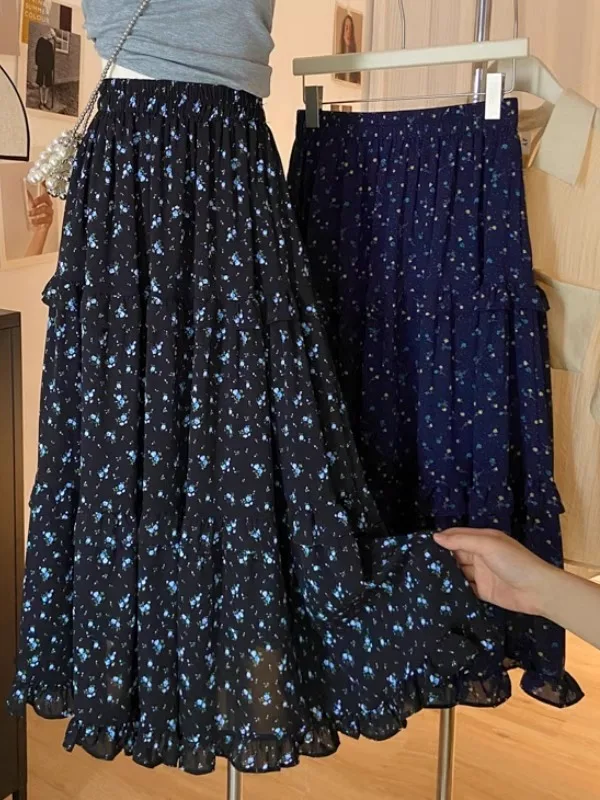 

Новая летняя юбка-миди трапециевидной формы с цветочным принтом больших размеров, женская утягивающая длинная драпированная юбка длиной f с высокой талией, корейская юбка