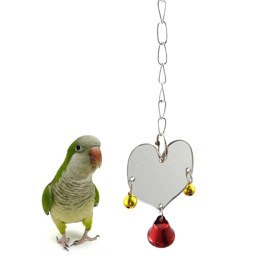 Heart Shape Single Face Bird Mirror Parrot Bell Hanging Cage Decoration Stress Relief Budgie Supplies Fun Random Bell Color