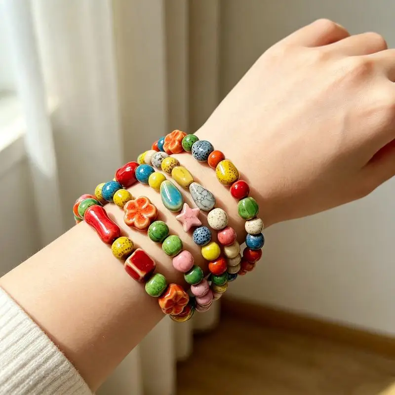 Bracelet en céramique coloré fait à la main, bijoux de plage style bohème, bracelet élastique pour femmes