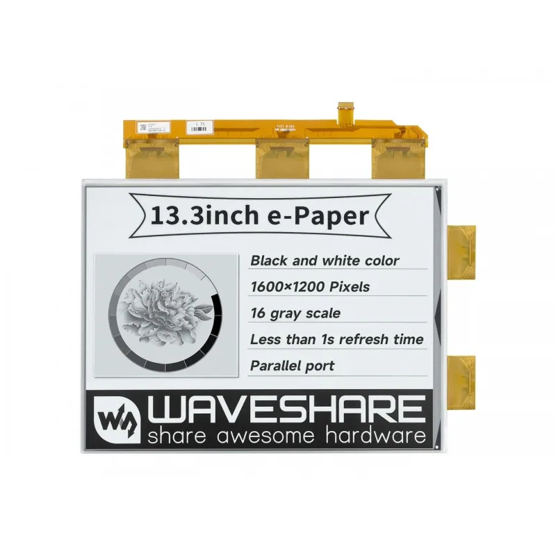 

Waveshare 13.3inch e-Paper e-Ink Raw Display, Without PCB, 1600×1200, Black / White, 16 Grey Scales, Parallel Port