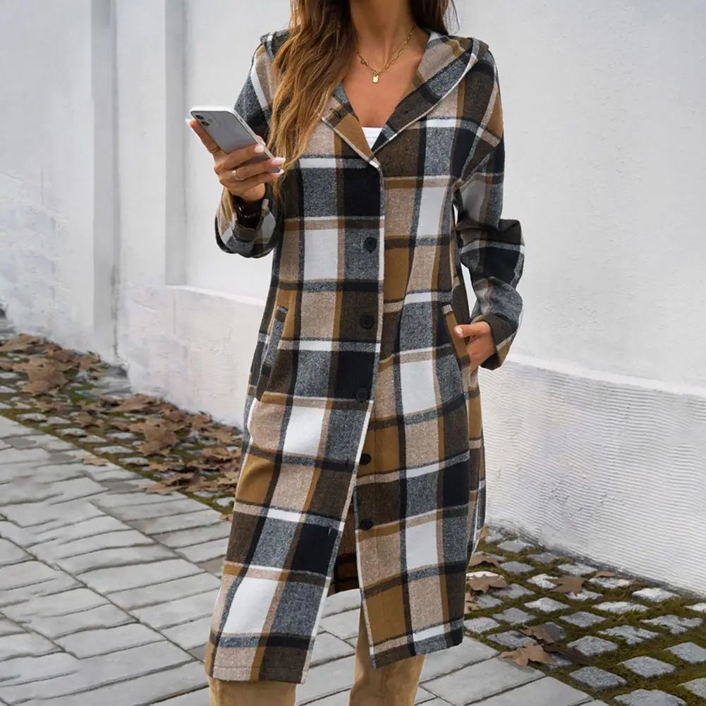 Below-knee Length Jacket Flannel Jacket Women Plaid Print Hooded Coat for Women Stylish Mid-length Outerwear with Pockets