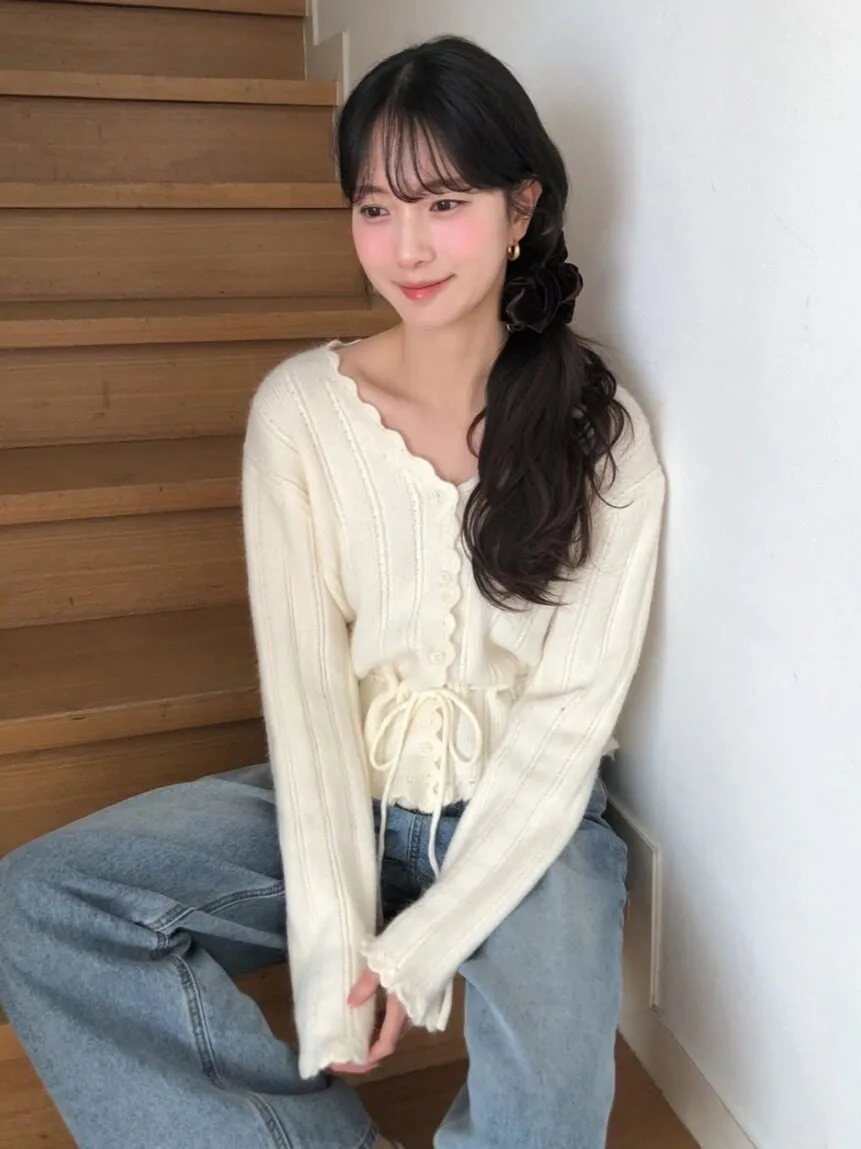 Chic V-Neck Knitted Open Cardigan with Drawstring Slimming Bell Sleeves for Women Autumn Winter Fashion Casual Street Style