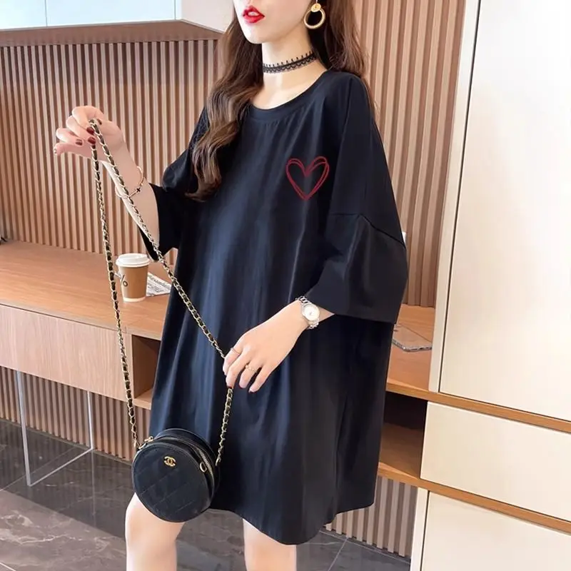 Korean Simplicity Versatile Summer Pure Cotton O-Neck Women\'s Printing Fashion Casual Loose Short Sleeve Mid-length T-Shirts Top