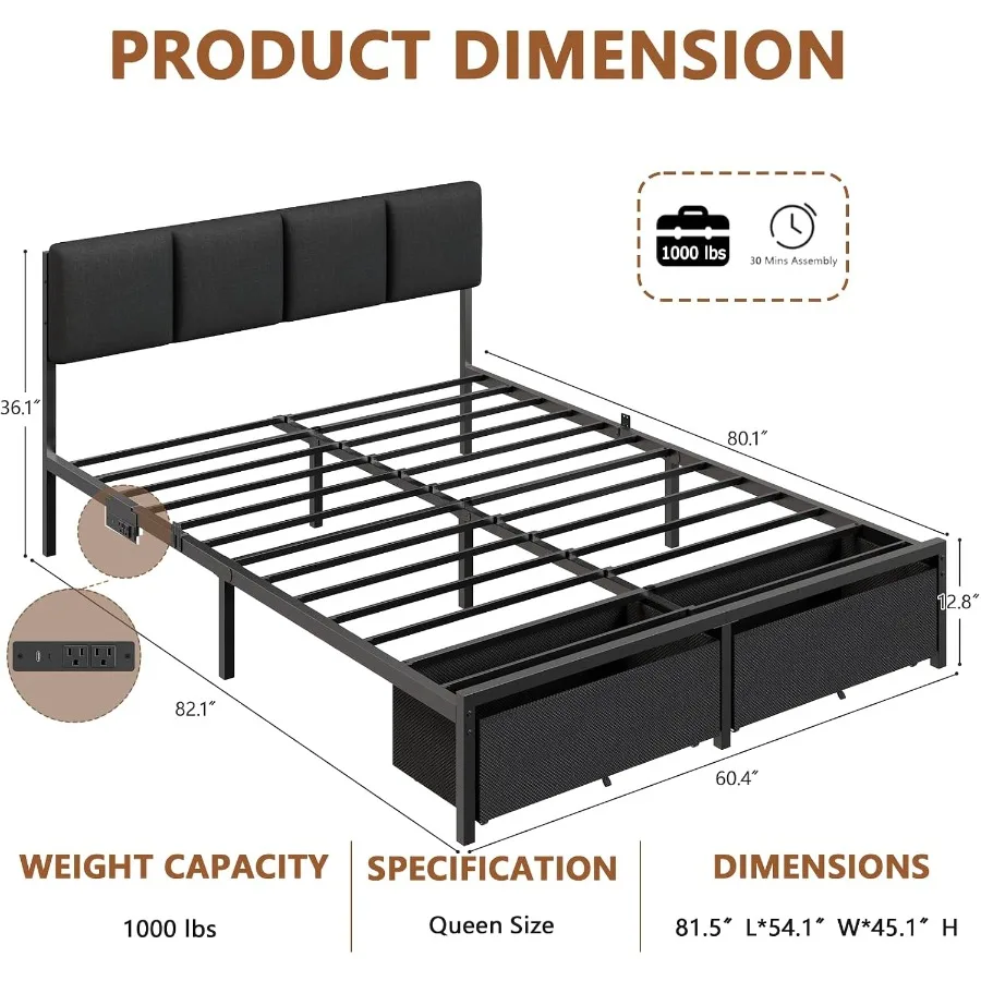 Bed Frame with Upholstered Headboard and 2 Storage Drawers